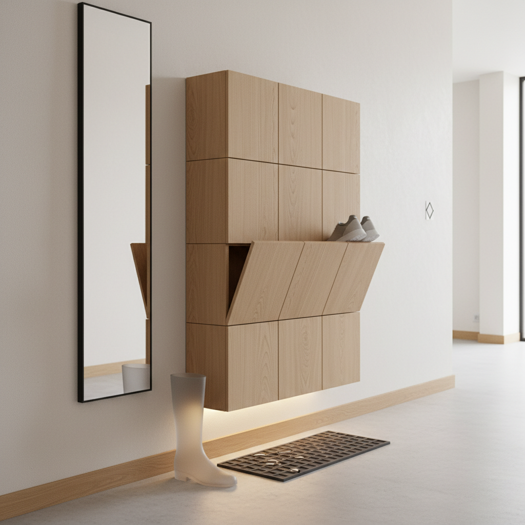 Batų lentyna siauram prieškambariui: dizainerės patarimai